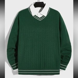 Men Striped Trim Cable Knit Sweater